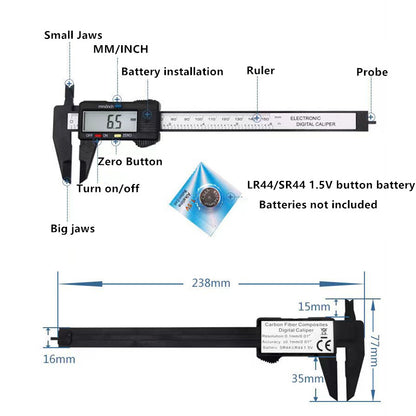 Calibrador digital de fibra de carbono: rango de medición de 150 mm y 100 mm, calibrador Vernier electrónico, micrómetro, regla digital con alta precisión y exactitud